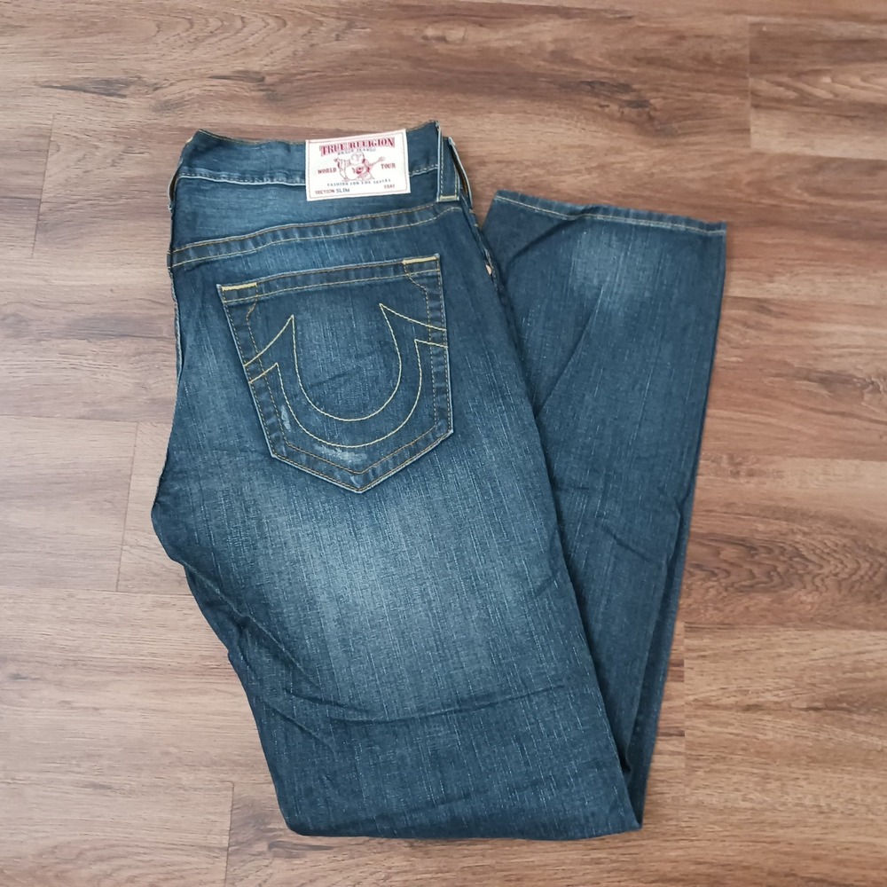 True Religion Mens Slim OM Wheat SN Jeans Dark Wash Blue 38 x 34 MNRJ19OMW